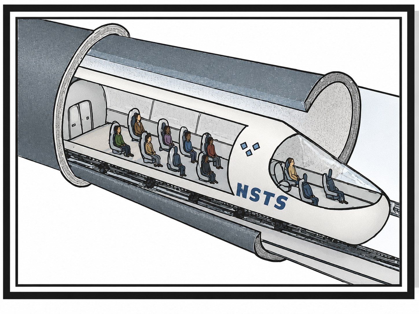 Illustration eines Hyperloop-ähnlichen Transportsystems mit Sitzplätzen in einer Röhre.